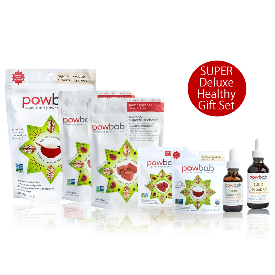 powbab® Healthy SUPER Deluxe Gift Set with organic baobab powder, baobab chews and baobab oil