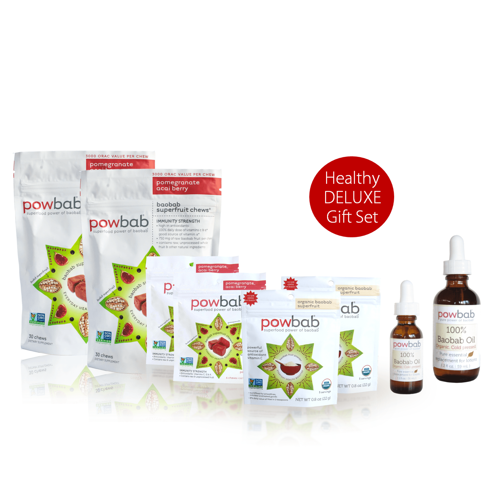 healthy gift set - baobab superfruit chews, baobab fruit powder, 100% baobab oil for skincare