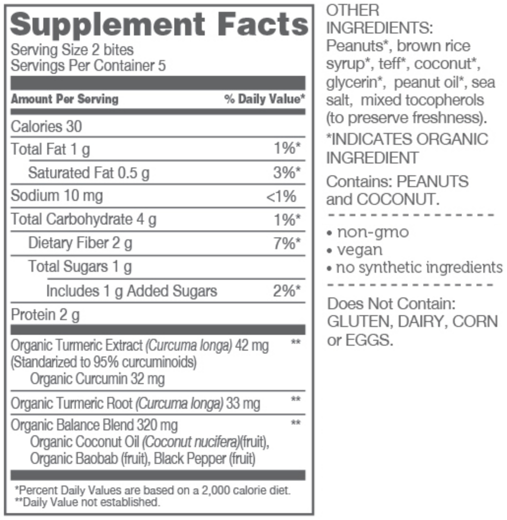 supplement facts for powbab peanut turmeric supplement bites